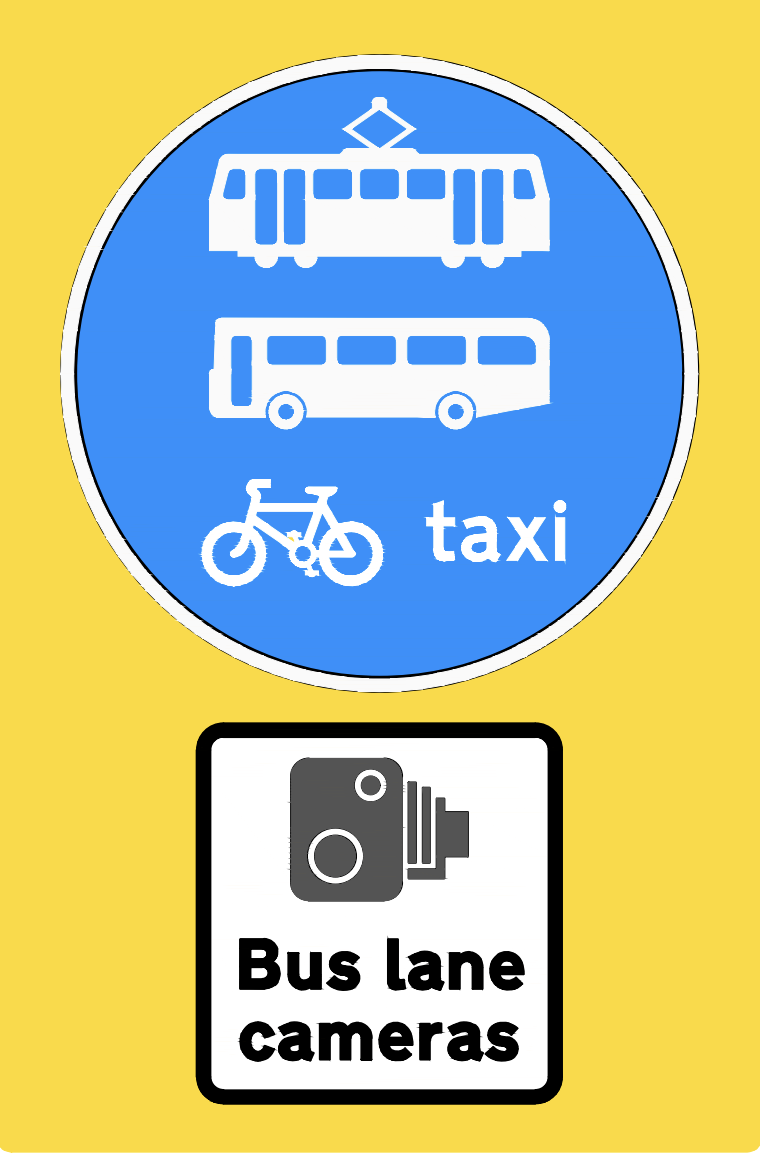 Examples of the signs used for the Princess Street bus gate. One sign shows that trams, buses, bicycles and taxis are allowed. The other shows that the bus lane has cameras. 