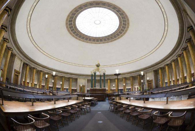 View of the desks and ceiling in the reading room