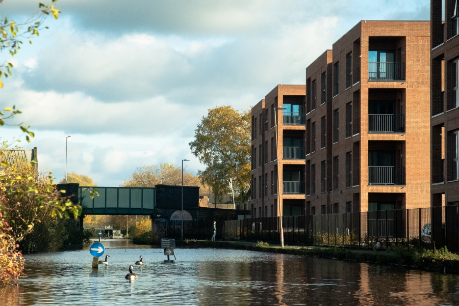 View of the apartments at Silk Street from the canal
