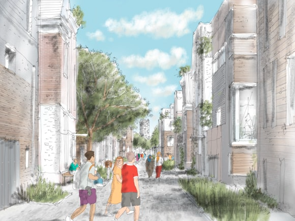 A computer generated image of how Holt Town might look - this picture focuses on new housing