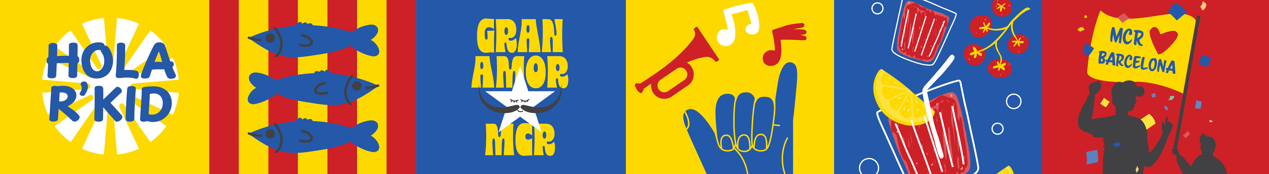 A series of stylised, colourful images celebrating the links between Barcelona and Manchester, featuring 'Hola R'kid'.