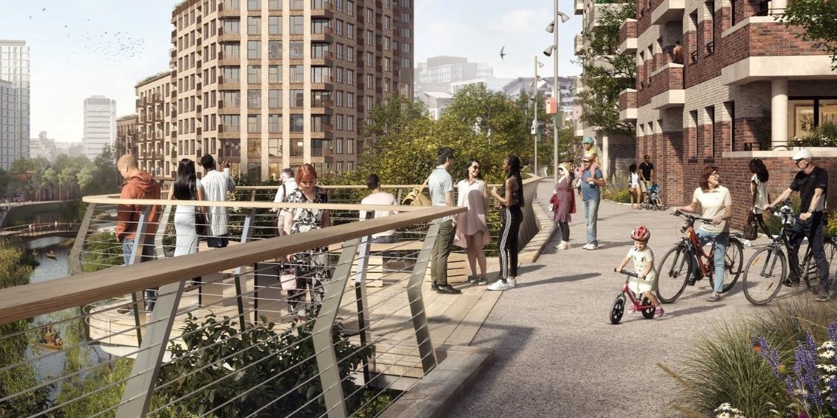 CGI of proposed riverside apartments and walks at Red Bank 
