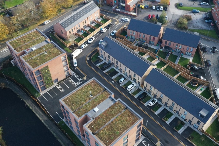 Aerial view of Silk Street showing the gardens and green roofs