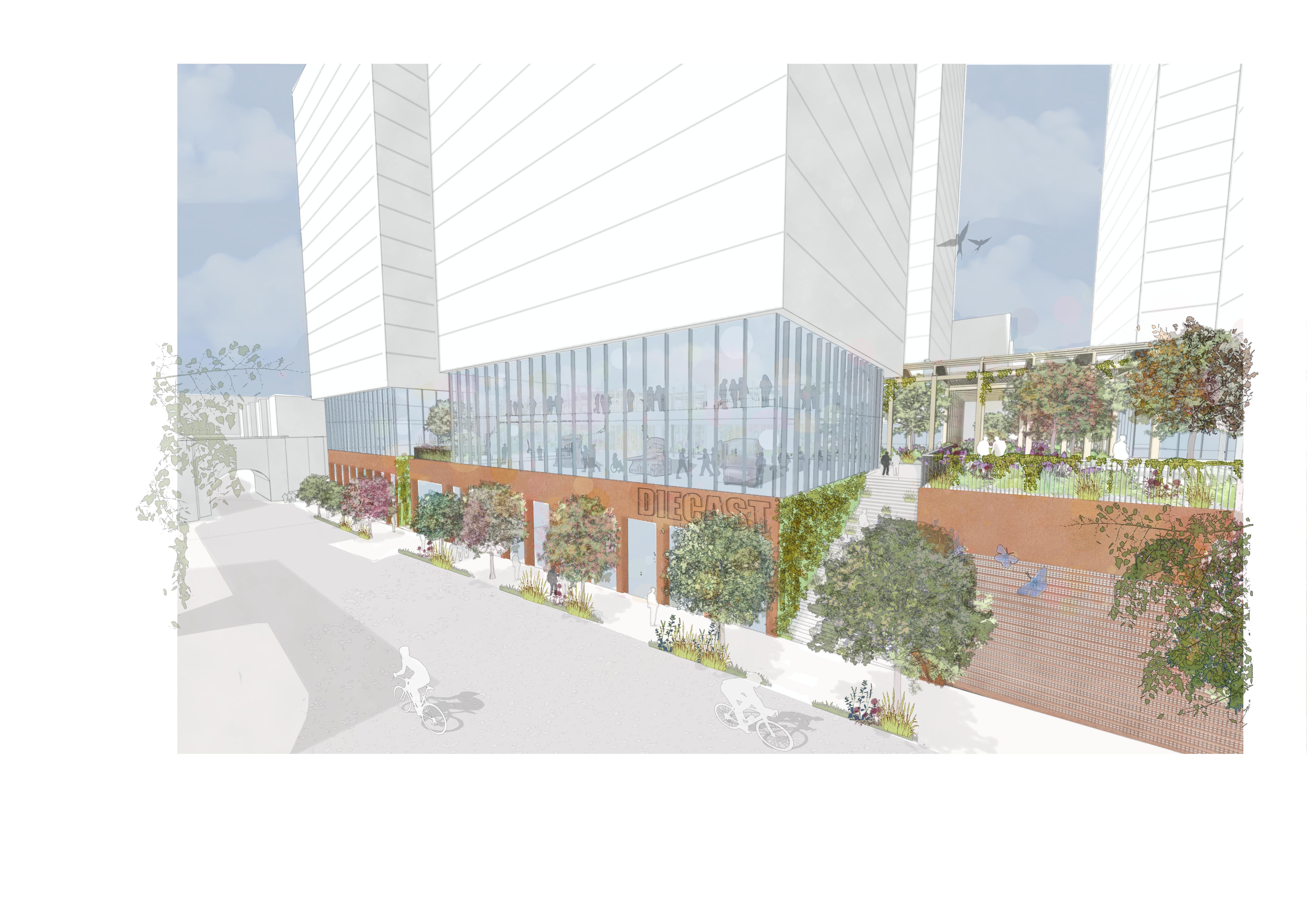 CGI of what the East Village neighbourhood could look like in the coming years including green space and new housing