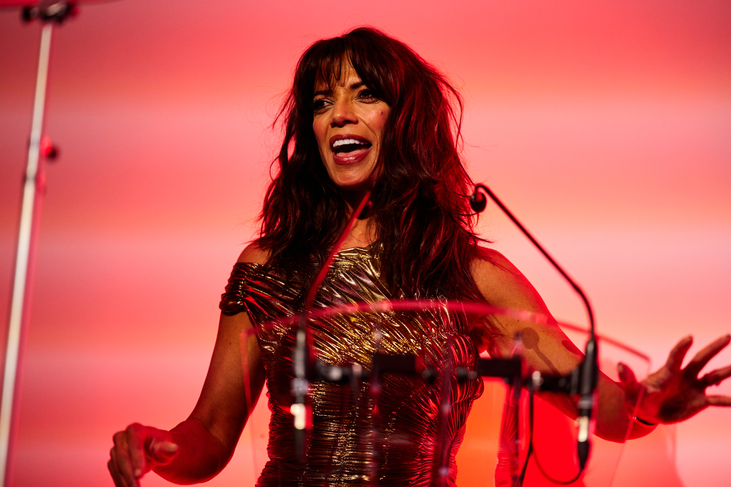 Woman with long hair wearing a shiny gold coloured top standing behind microphones speaking animatedly to an unseen audience