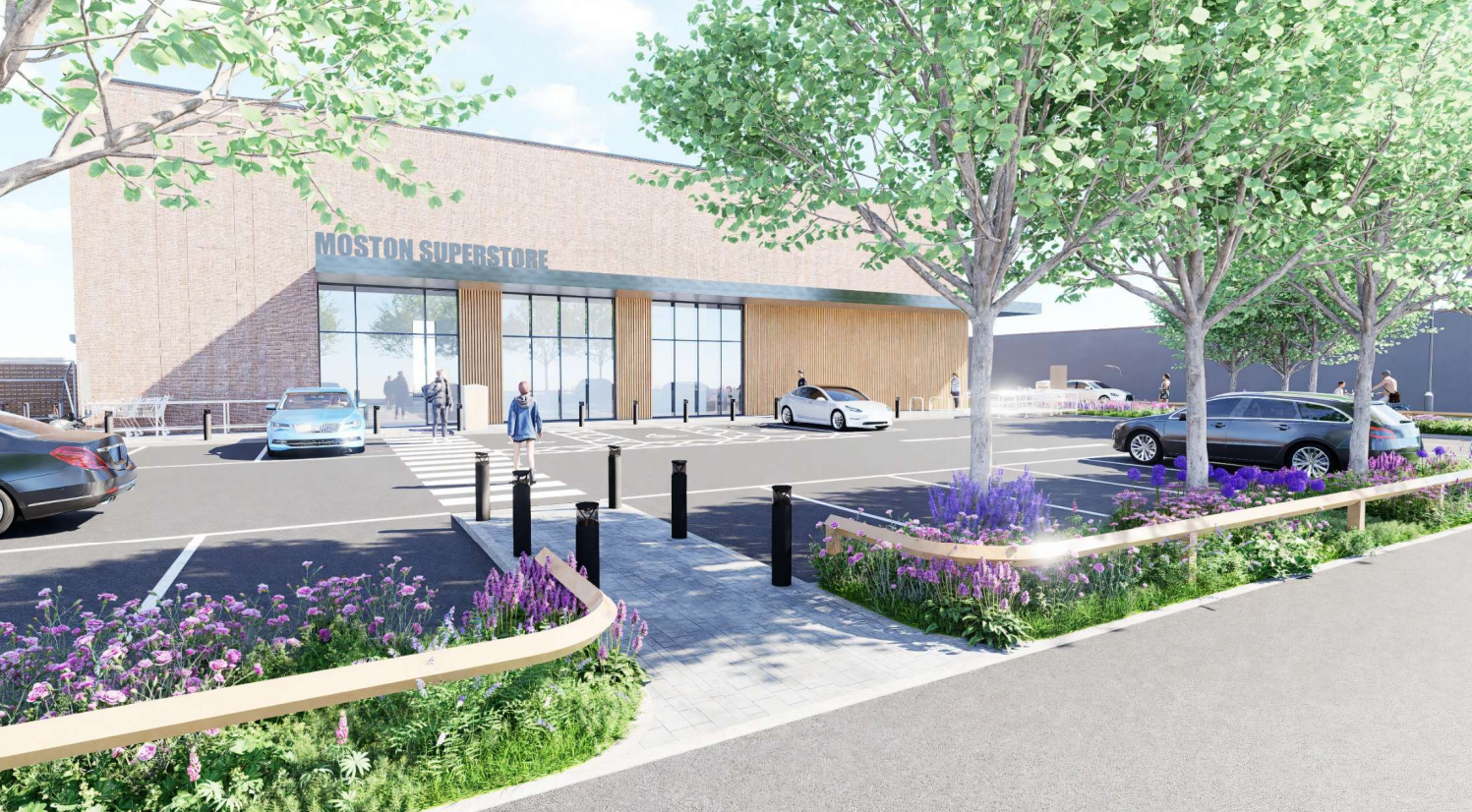CGI of the proposed superstore in Moston with modern building and parking outside