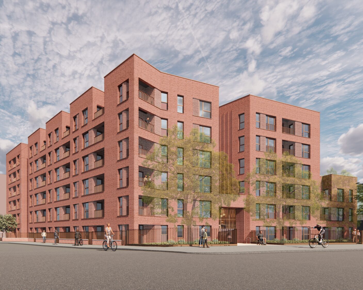 An artist's representation of a brick built block of flats with cyclists and pedestrians passing by 