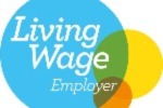 Image shows the Living Wage logo. A blue circle, yellow circle and orange circle are overlaid. Image shows the Living Wage logo. A blue circle, yellow circle and orange circle are overlaid.