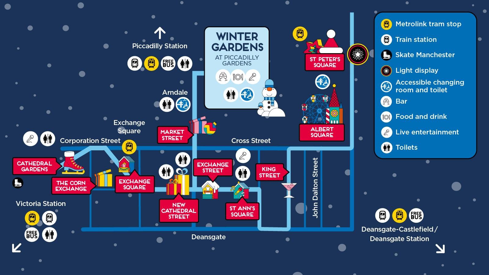 A map with a dark blue background and cartoon snowflakes falling which outlines the locations of Manchester's Christmas Markets