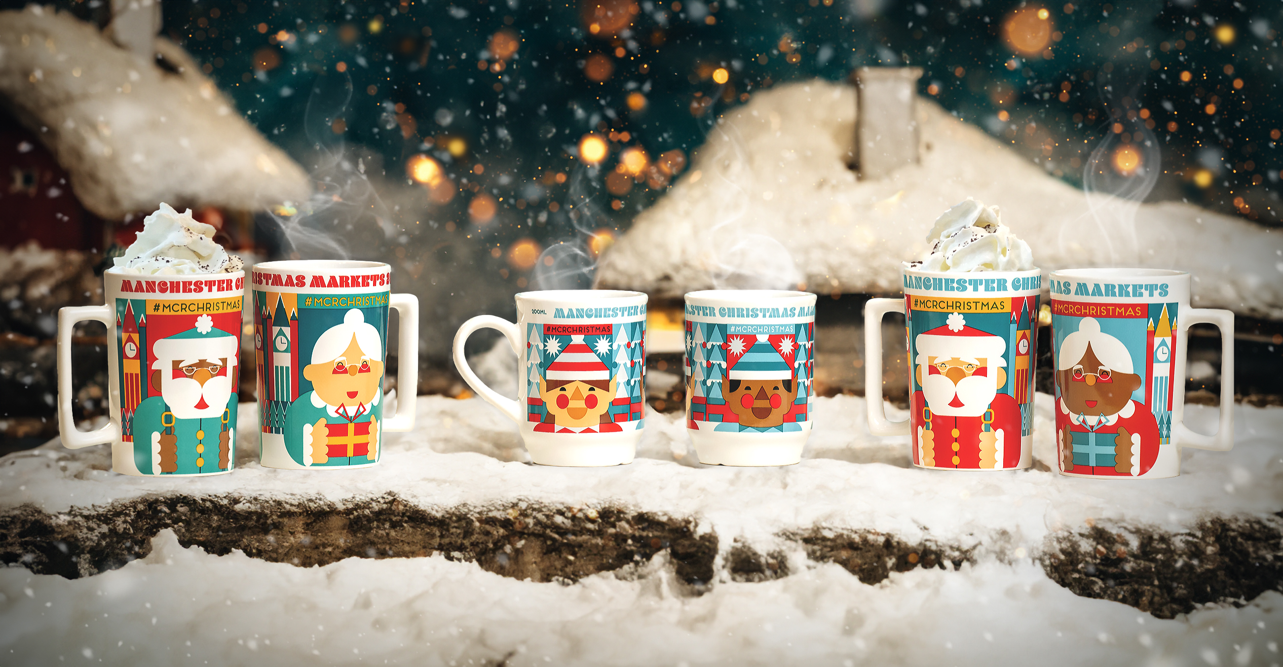 A row of six brightly decorated mugs placed in a snowy scene with snow falling all around them and snowy cottages in the background.  The mugs have festive Christmas character designs on them with a Nordic theme