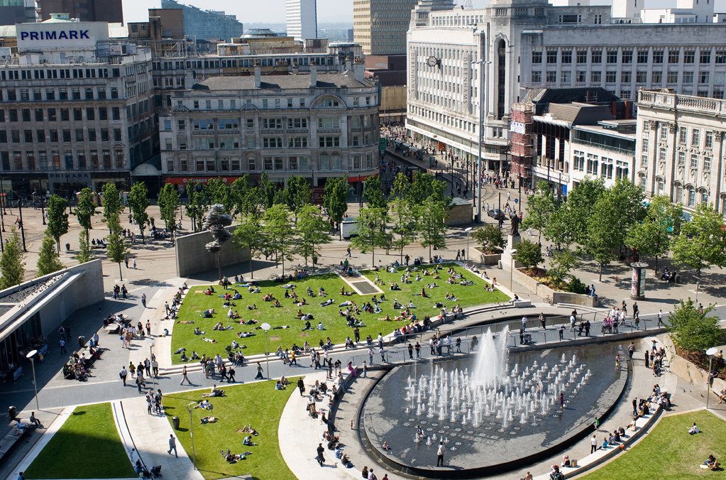 Image of Piccadilly gardens green space and fountain from above