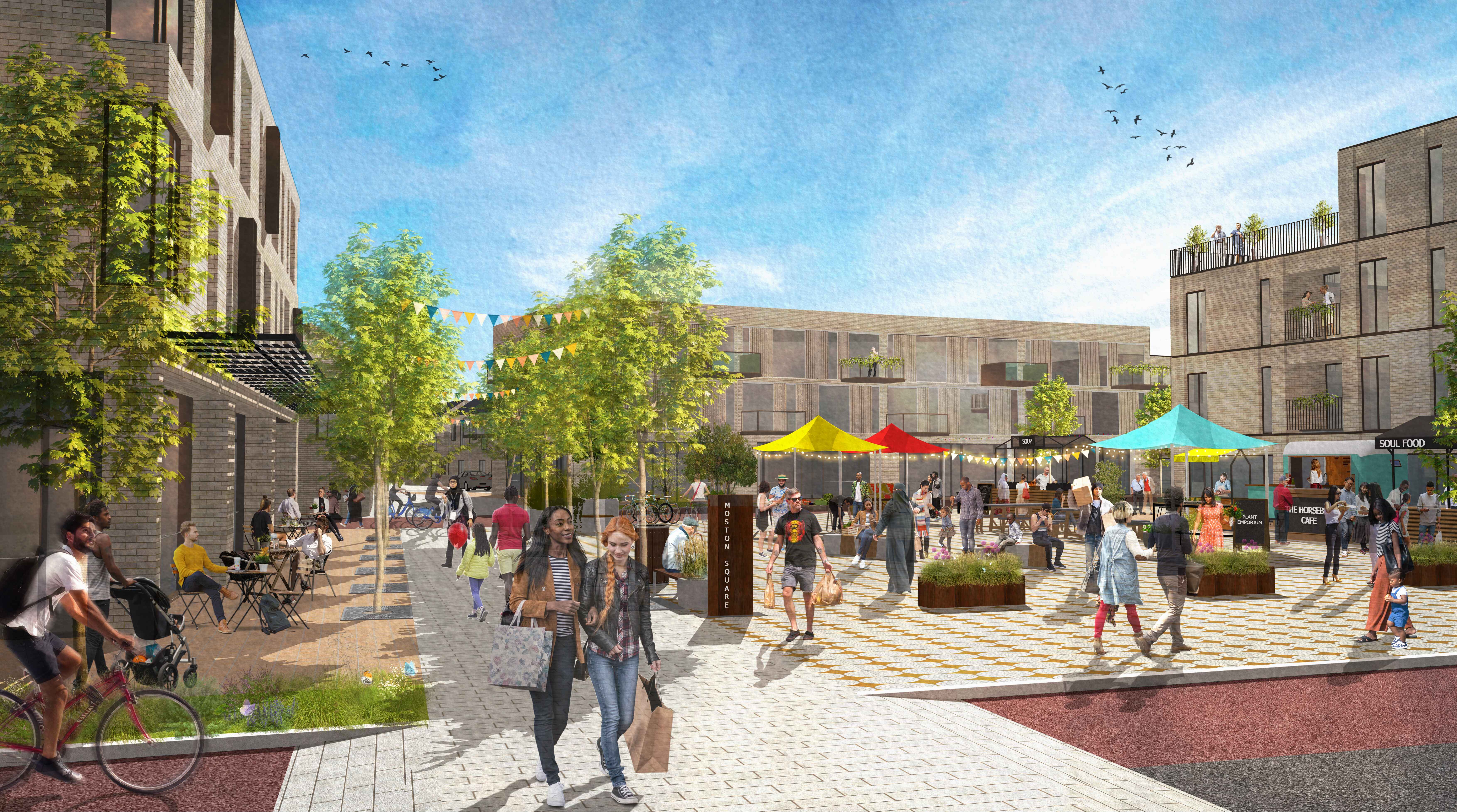 An artists impression of how the square could look with open spaces, seating and greenery. 