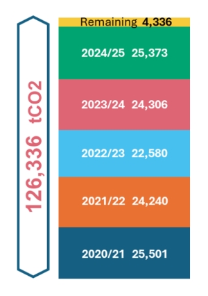 Stacked bar chart showing the amount of carbon emitted each year and the overall carbon budget. Detailed stats are given in the web page.