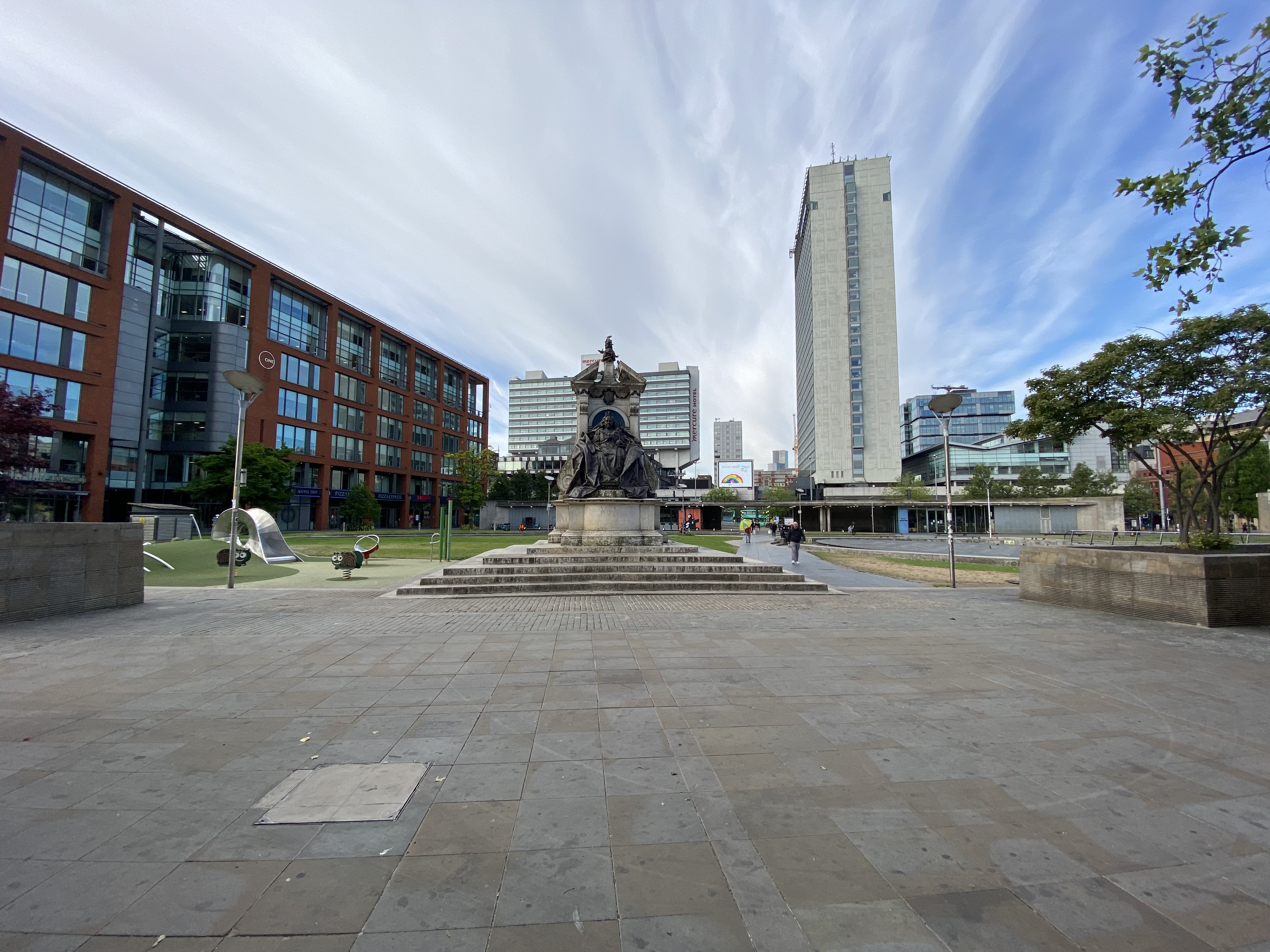 Image shows the event space around the Victoria Statue in Piccadilly Gardens.
