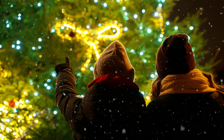 Generic image of a parent and child facing a Christmas tree