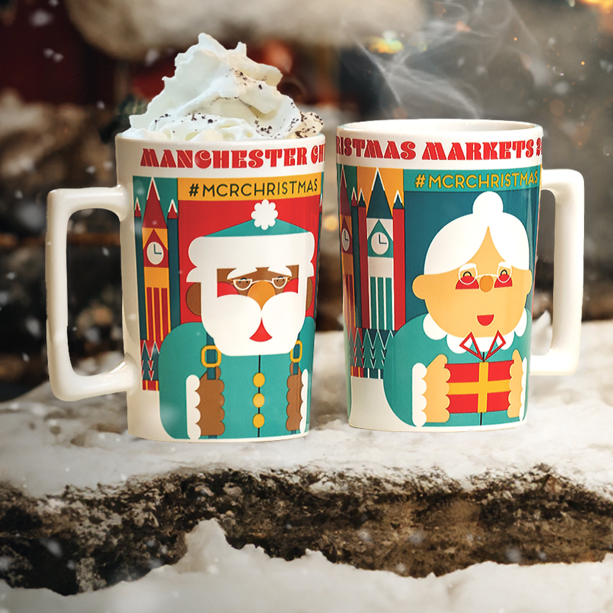 Two brightly coloured mugs placed in a snowy scene, each mug decorated with a Christmas character with a Nordic-theme 