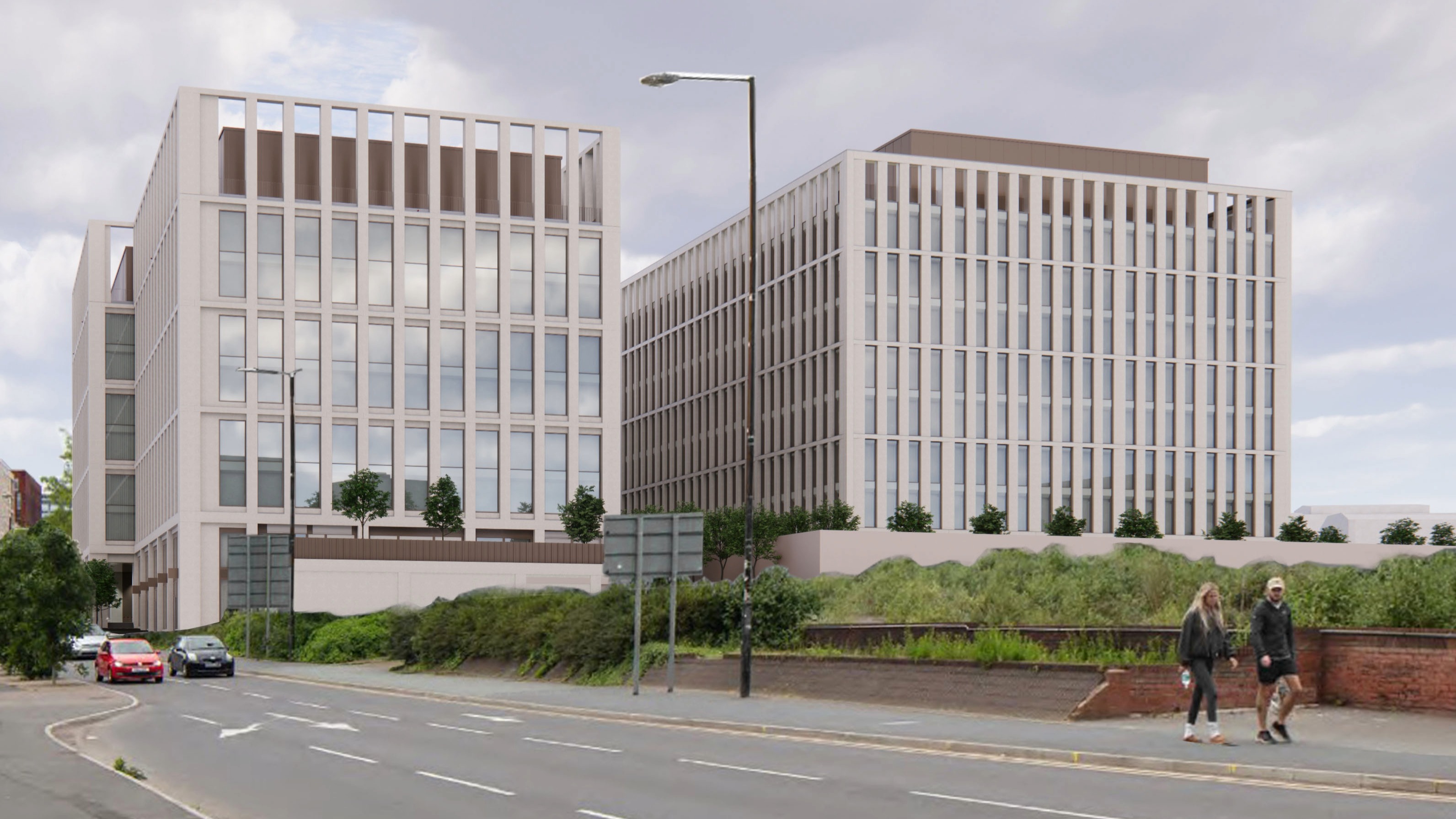 CGI image of the new campus proposed for Ancoats made up of two large office buildings next to a new park