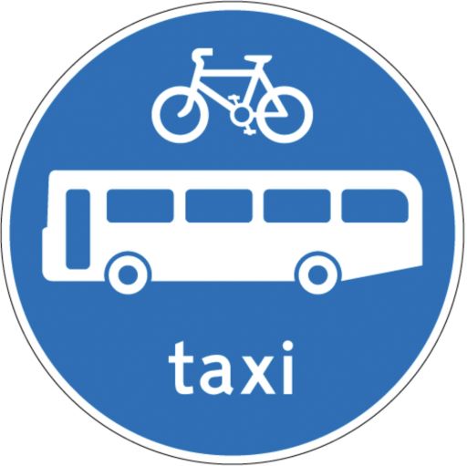 Image shows the sign for this particular bus gate. A white bicycle, bus and the word taxi are shown on a blue background. 