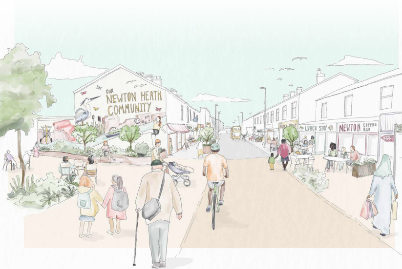 A sketch visual of the vision for Newton Heath high street and the community square with planters on pavement and spill out from businesses, people walking and cycling, and meeting to chat at the square