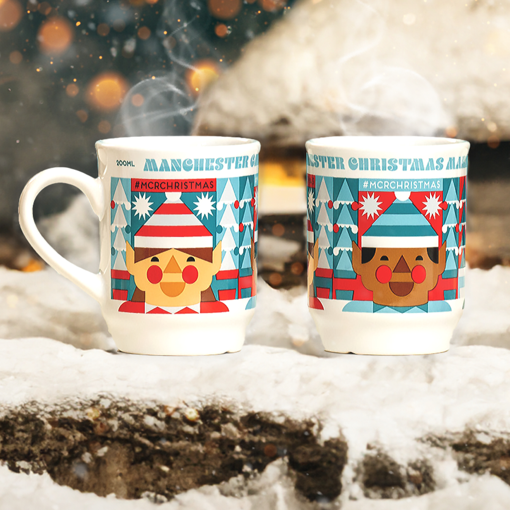 Two mugs side by side placed in a snowy landscape. Each mug decorated with Nordic inspired festive characters