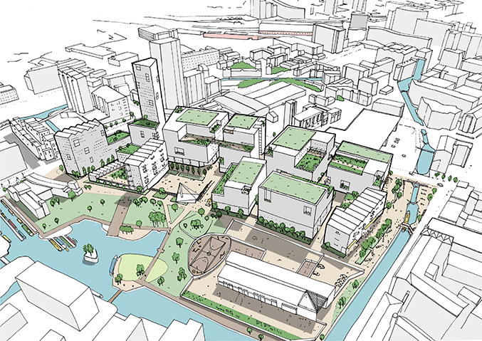 Illustration of plans for former Central Retail Park with a view of the public square connecting to Cottonfield park