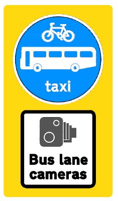 Image shows a blue circle with images of a bike, bus and taxi sign, above a bus lane camera notice. Both are on a rectangular, yellow background 