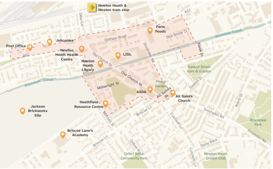 A location plan of Newton Heath with area of focus for the Neighbourhood Development Framework and key features of the district for orientation. The focus area stretches along Oldham Road from just past the Post Office to the west to past Farm Foods to the east. South of Oldham Road, it stretches east and west of Old Church Street to All Saints Church and Scotland Street. It also includes a plot at Flash Street.