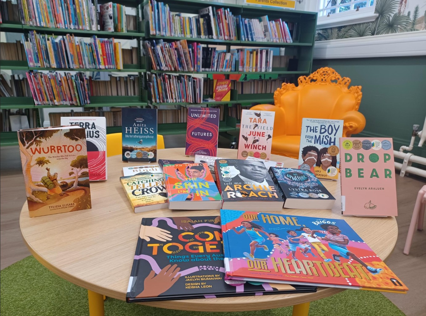 Library books on a table