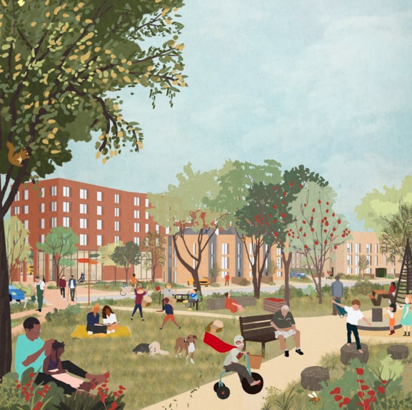 Indicative sketch view across the Phase 1 community park looking towards Thornton Street North and the new homes being delivered as part of this phase.