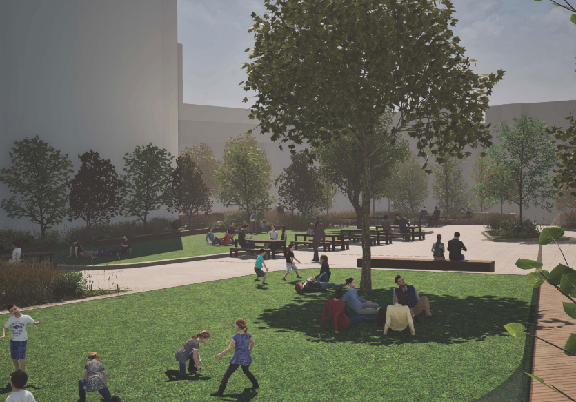 Image of the central lawn - part of the new city centre park in New Islington