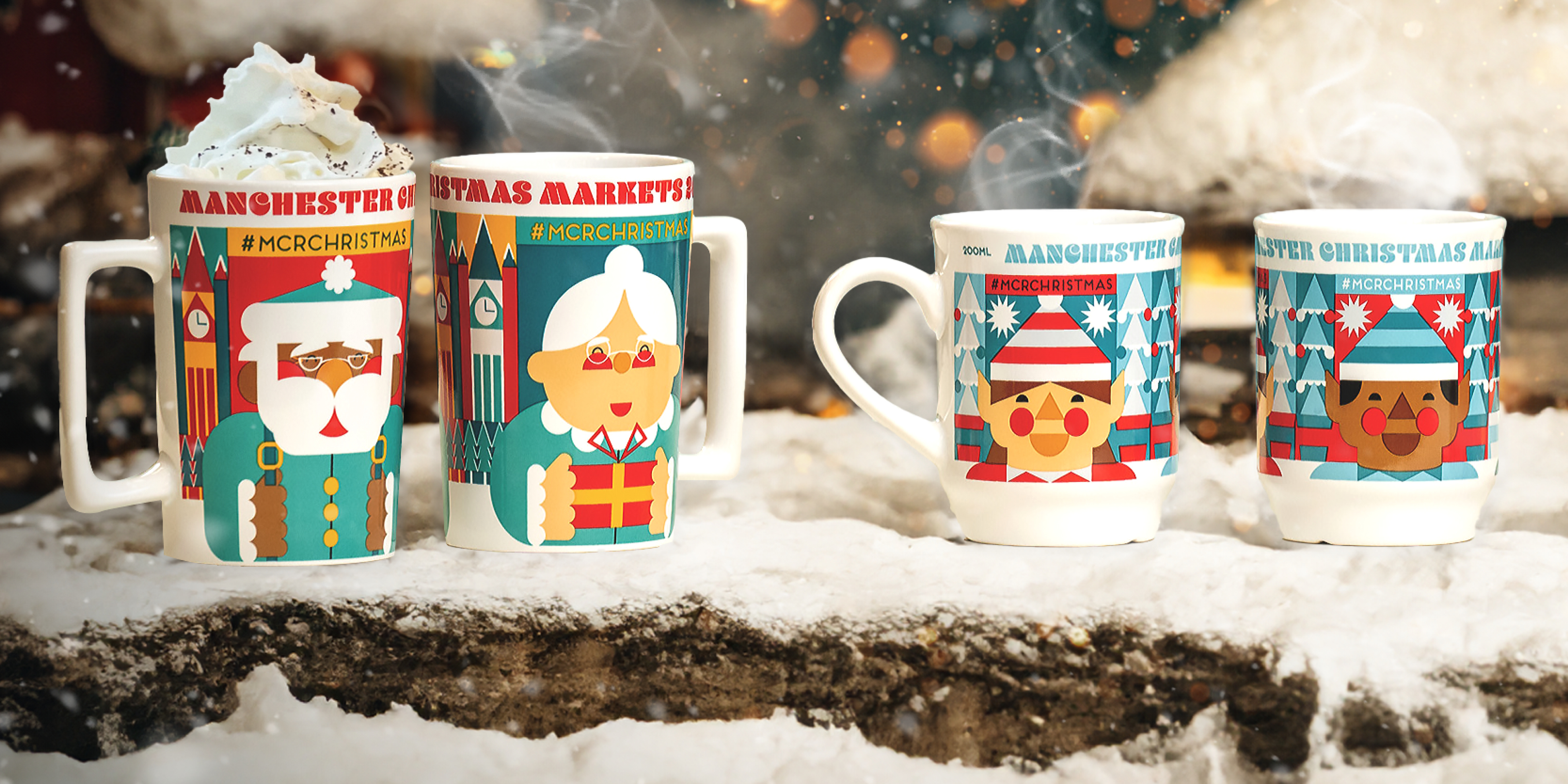 Four mugs in a row placed within a snowy landscape, each decorated in bright colours with Nordic themed characters on them