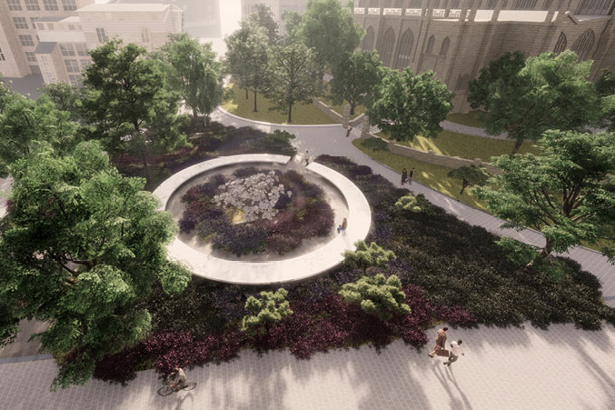 Artists impression of Glade of Light memorial, aerial view with trees and a circular monument in the middle.