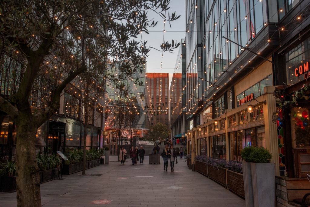 Image of a pedestrianised street with restaurants on both sides