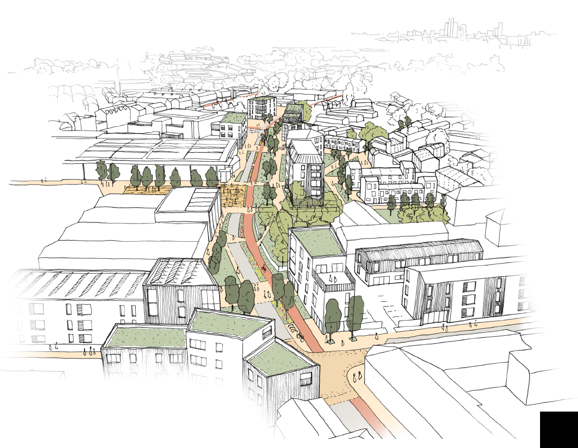 artist's impression of the major investment in Gorton, including new housing and extended town square