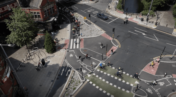 Aerial photo of the junction at the bottom of Deansgate, showing the new cycling and pedestrian crossing points.