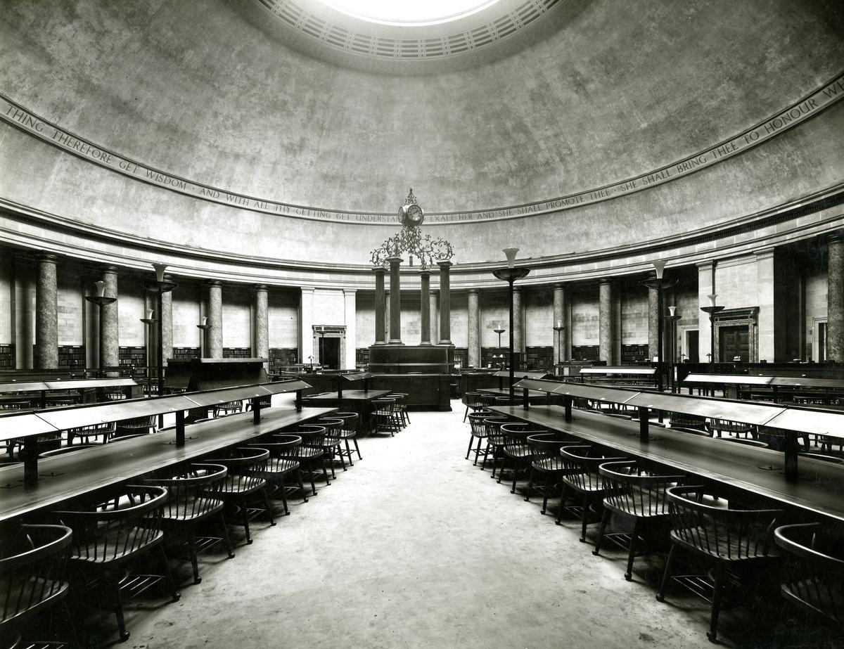 Photo of reading room in Central Library in black and white