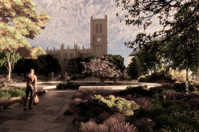 Artists impression of Glade of Light memorial with circular monument and view of cathedral behind.