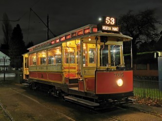 Photo of the Heaton Park tram lit up