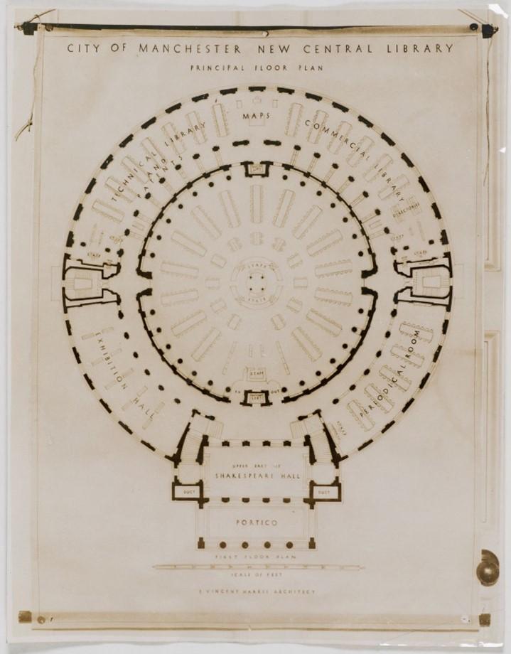 The principal floor plan of the new Central Library, hanging on the back of a door.