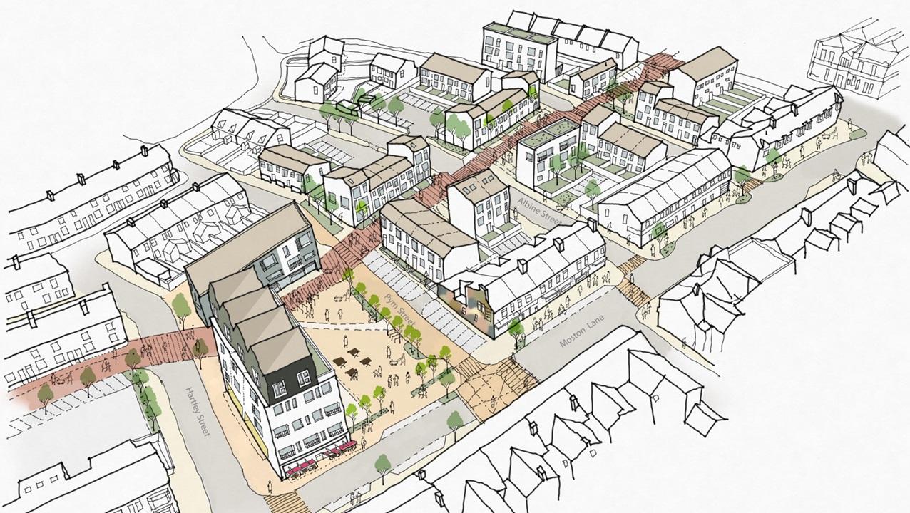 An artist's impression of how the new square and homes might look on Moston lane