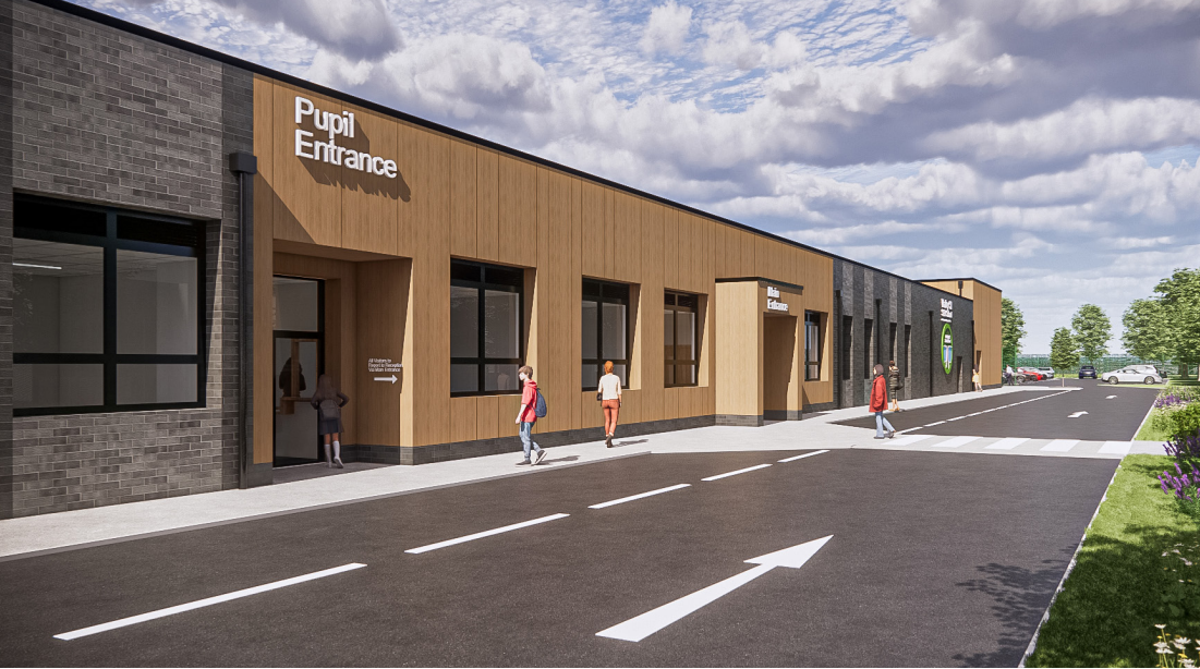 CGI image showing a low one-storey building with the words 'Pupil entrance' across a doorway