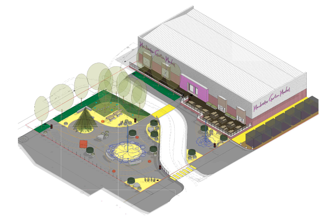 A computer generated image of what Gorton town centre could look like following investment, including new tree planting, seating and play features