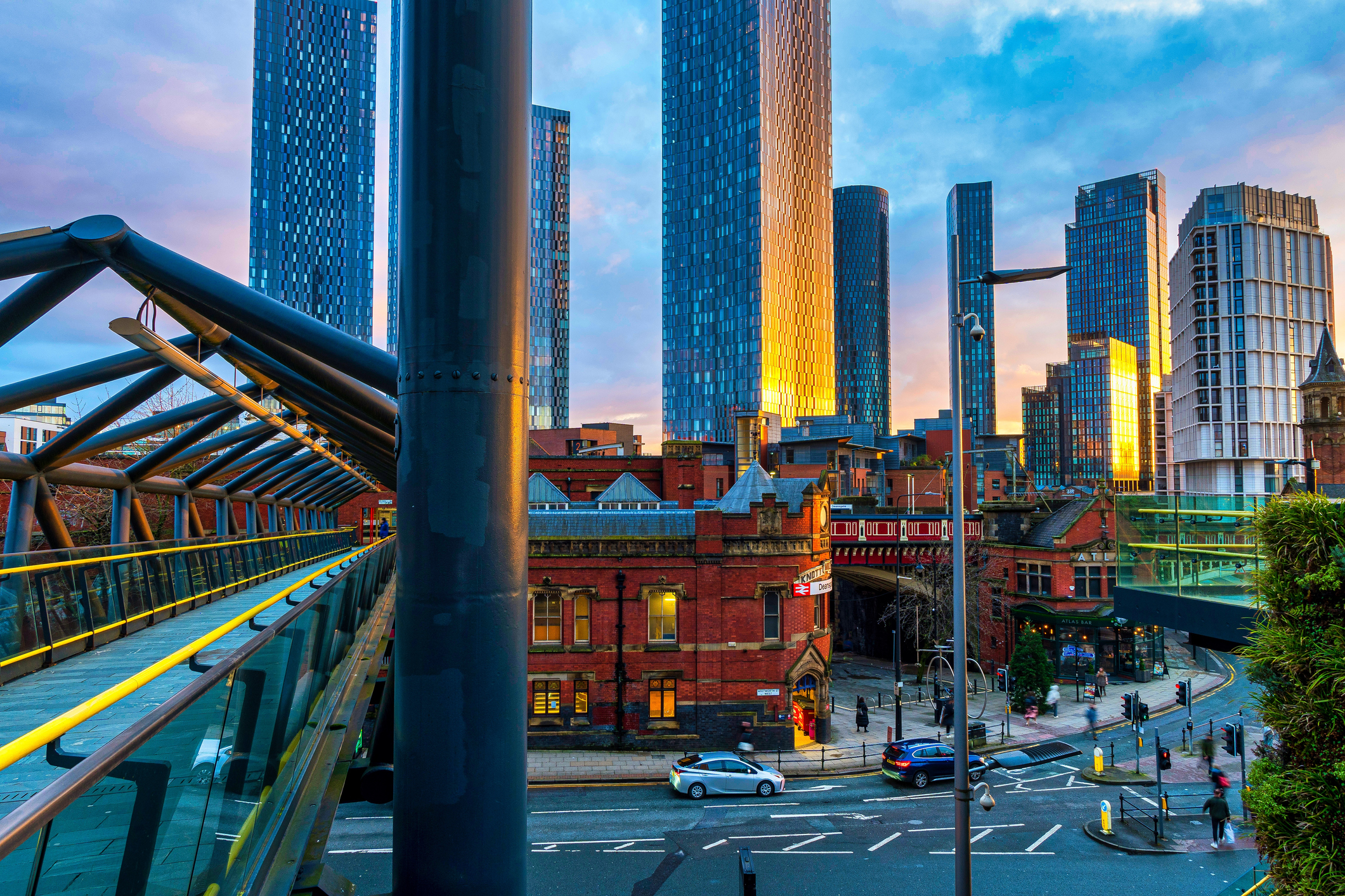 Birdseye view taken from the bottom of Deansgate, overlooking towers at Great Jackson Street.