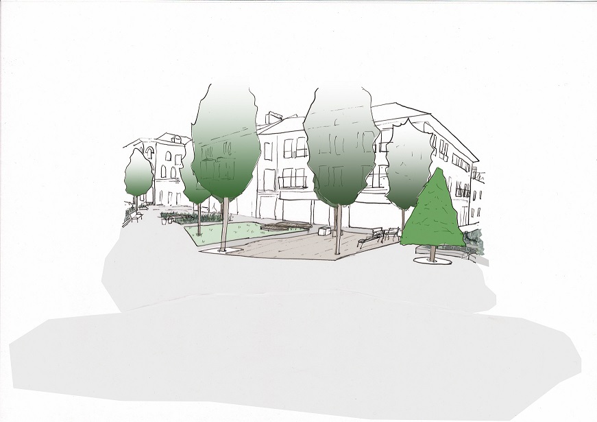 An artists impressions of how Rutherford Place could look with more outdoor seating, planting and less space for parking