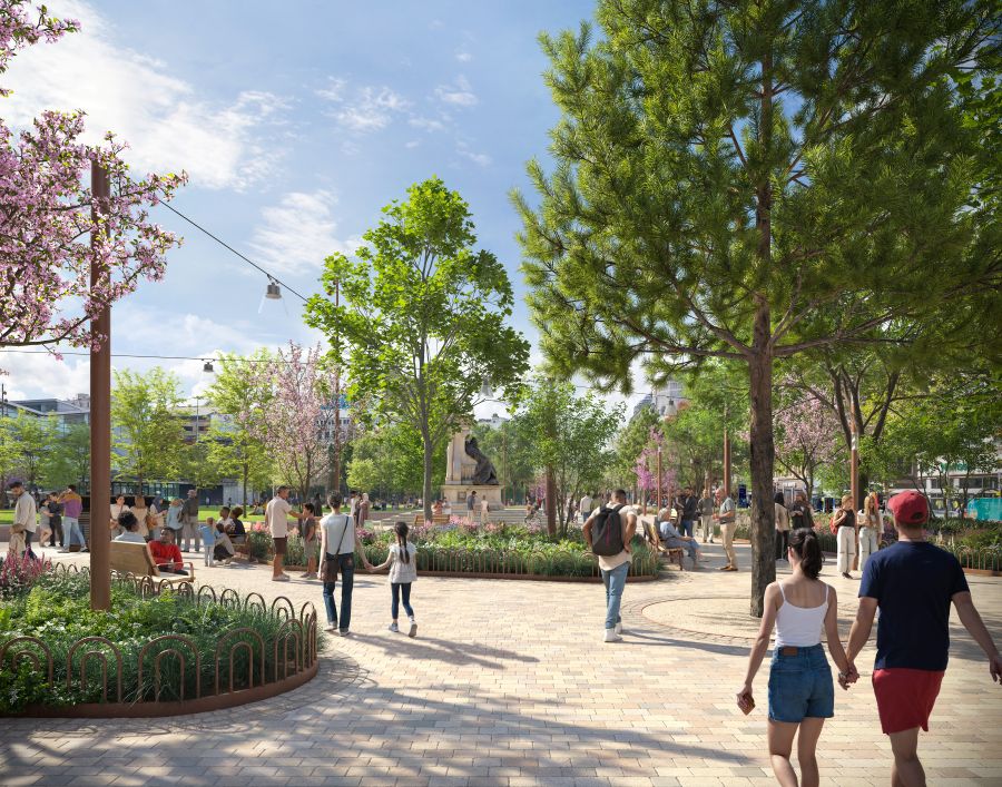 View of transformed Piccadilly Gardens with trees and wide footpaths
