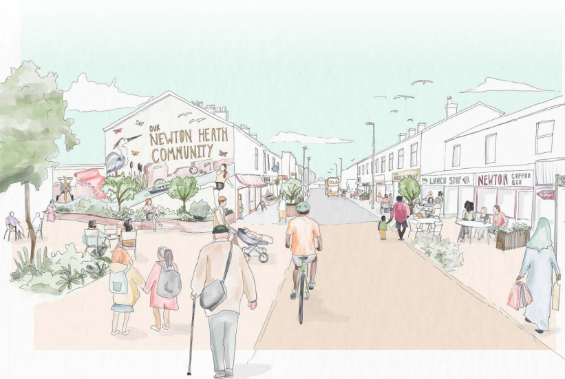 artist impression of a busy high street and public space that could be the future for newton heath district centre