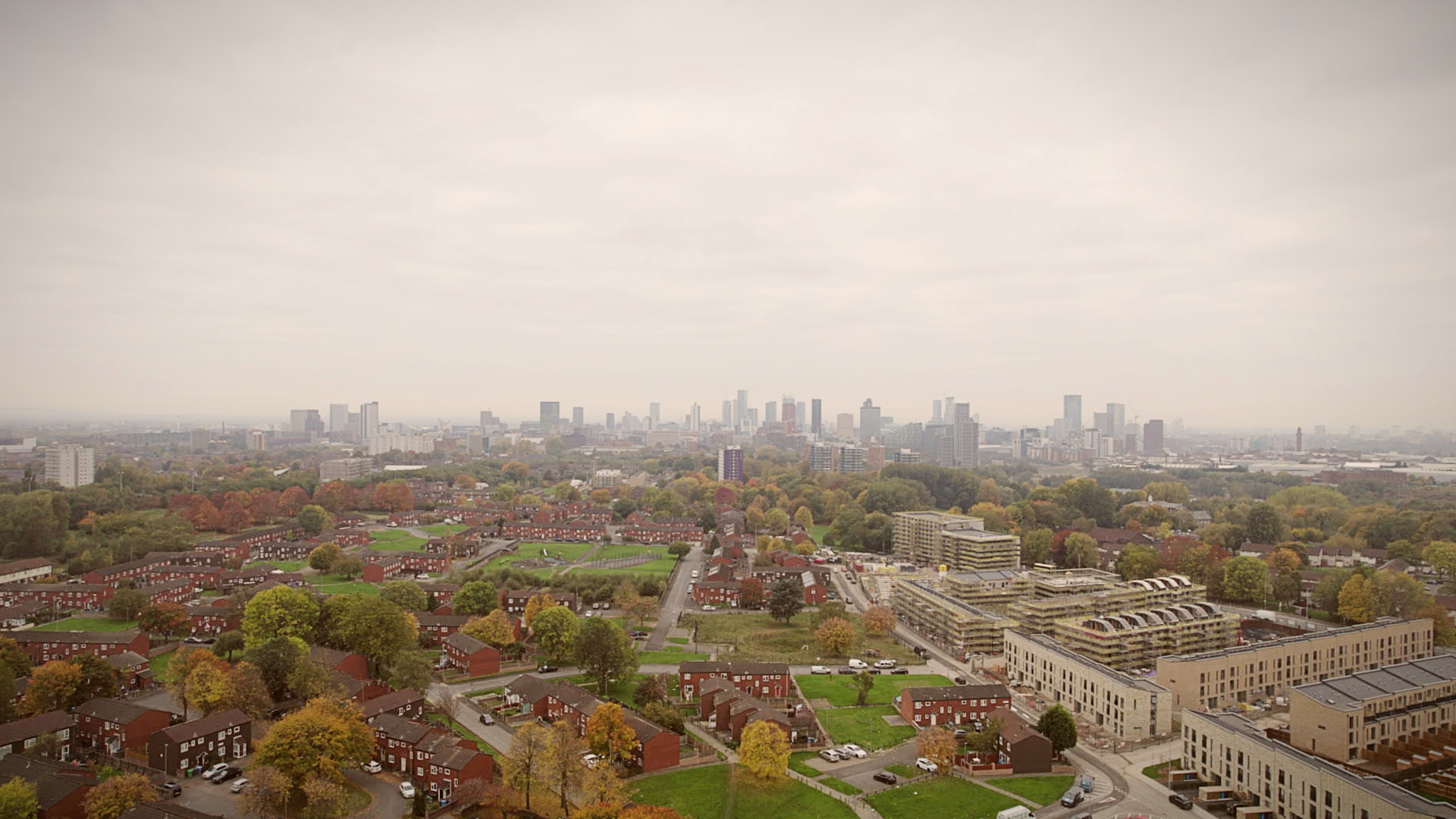Drone shot of collyhurst looking towards the city centre
