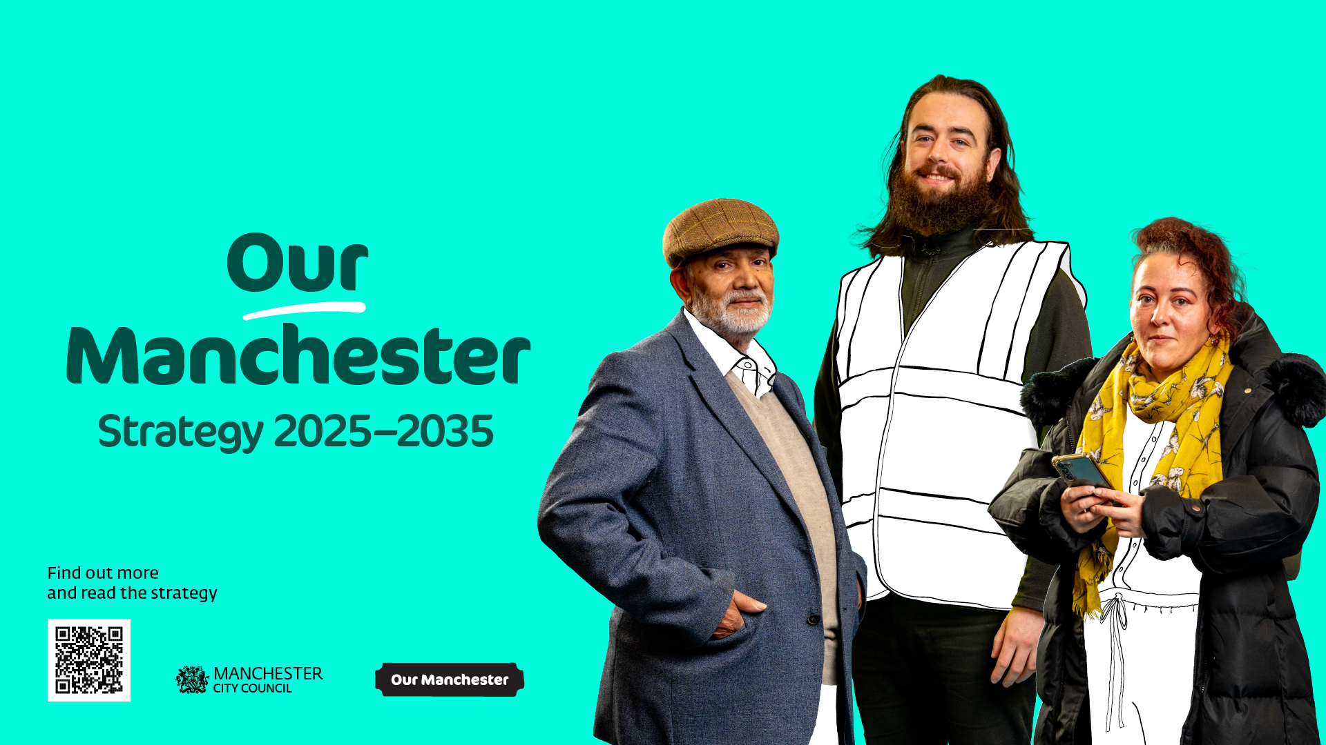 Image of three people against a turquoise background. Text reads Our Manchester Strategy 2025-2035.