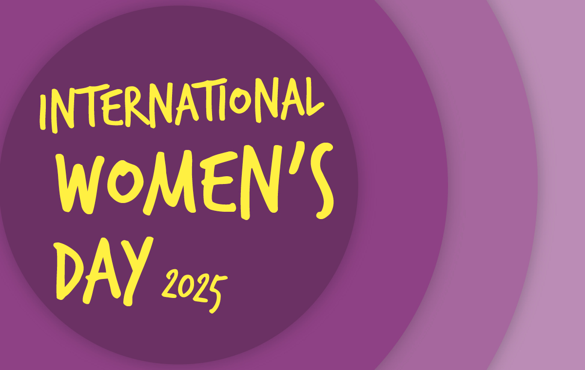 Poster displaying International Women;s Day 2025 text in yellow writing against a purple background