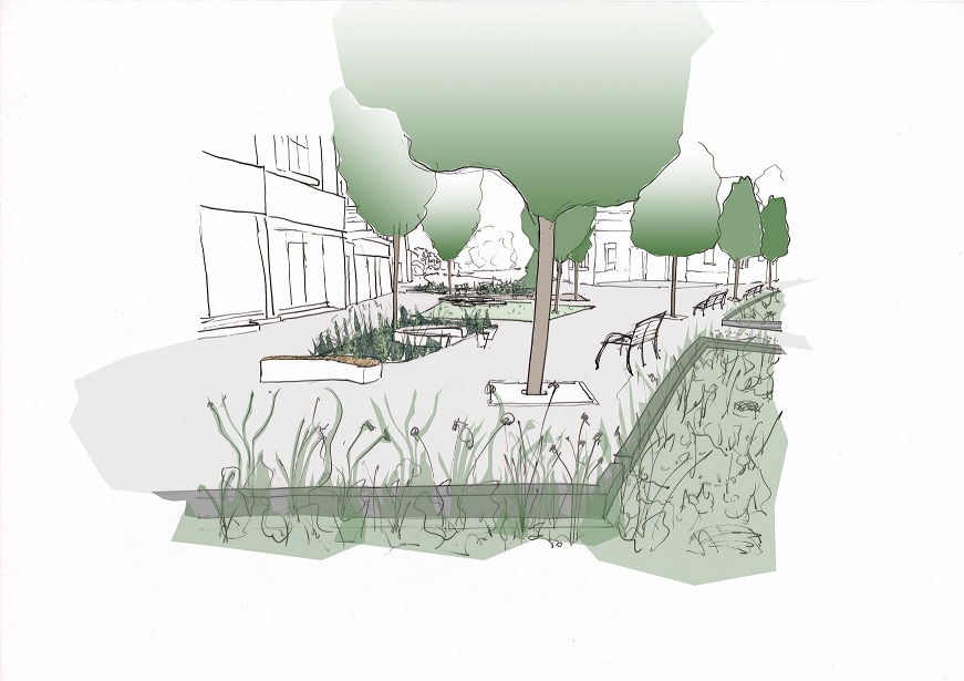 An artists impressions of how Rutherford Place could look with more outdoor seating, planting and less space for parking